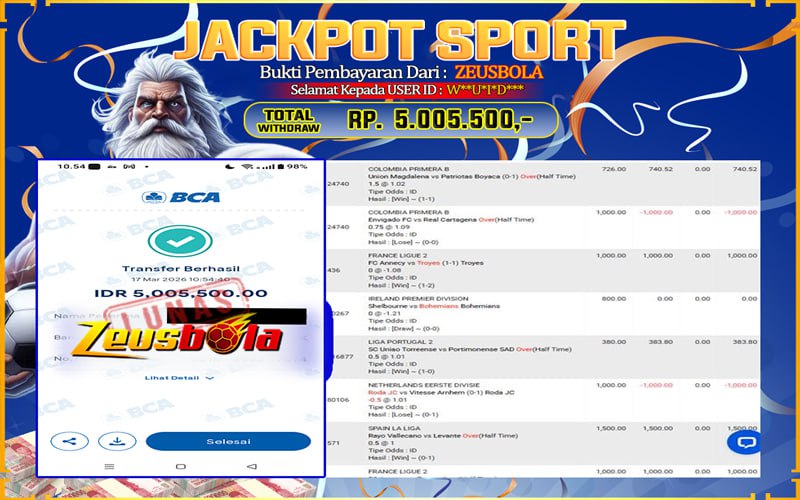 Bukti Kemenangan Member Setia Kami W**U*I*D*** Sebesar Rp 5.005.500 di Permainan Sportsbook