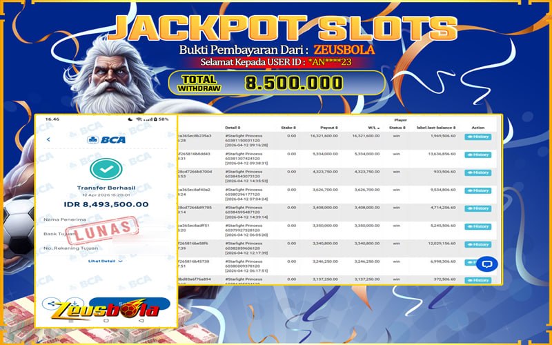 Bukti Kemenangan Member Setia Kami *AN****23 Sebesar Rp 8.500.000 di Permainan Starlight Princess