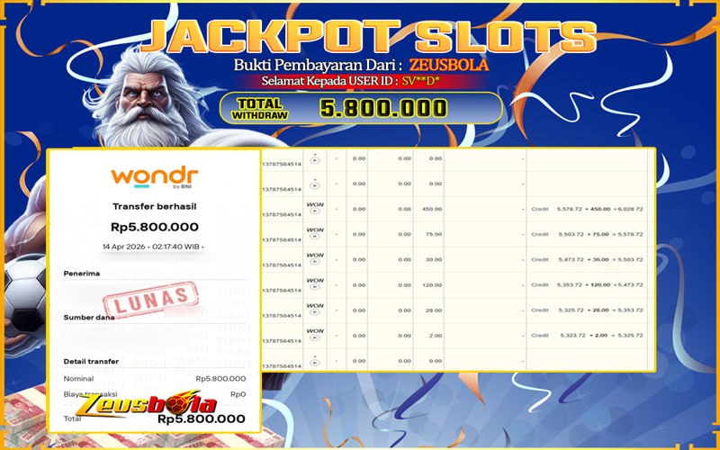 Bukti Kemenangan Member Setia Kami SV**D* Sebesar Rp 5.800.000 di Permainan Mahjong Ways