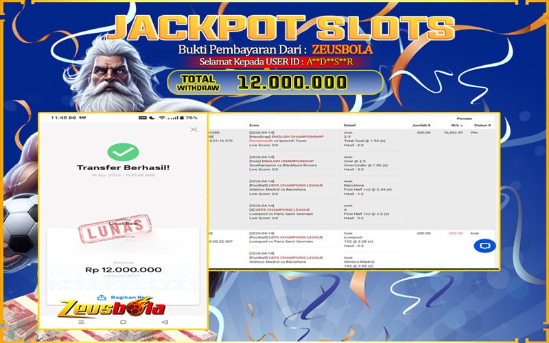 Bukti Kemenangan Member Setia Kami A**D**S**R Sebesar Rp 12.000.000 di Permainan SBO Sport Seamless