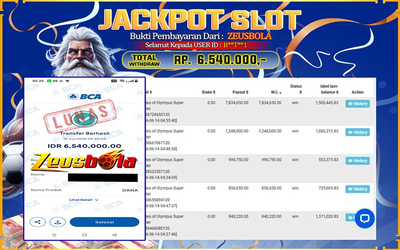 Bukti Kemenangan Member Setia Kami BT1 Sebesar Rp 6.540.000 di Permainan Pragmatic Direct 6