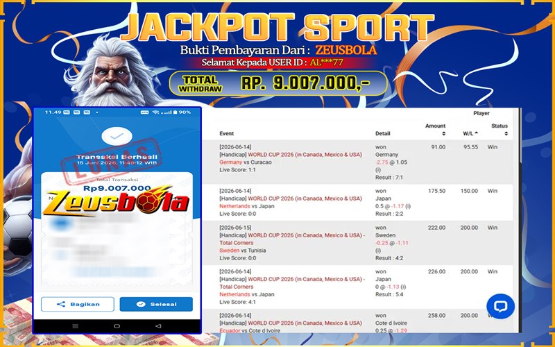 Bukti Kemenangan Member Setia Kami AL***77 Sebesar Rp 9.007.000 di Permainan SBO Sport