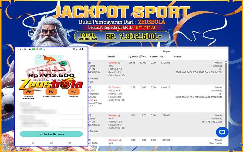 Bukti Kemenangan Member Setia Kami B**T*T*33 Sebesar Rp 7.912.500 di Permainan CMD Sports