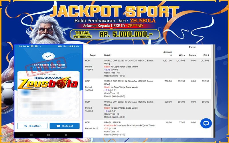 Bukti Kemenangan Member Setia Kami ZB***AD Sebesar Rp 5.000.000 di Permainan UBO Sports