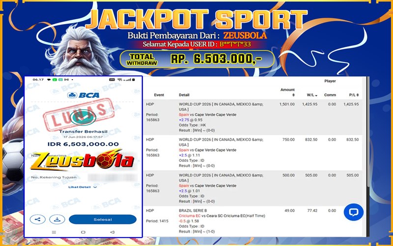 Bukti Kemenangan Member Setia Kami B**T*T*33 Sebesar Rp 6.503.000 di Permainan CMD Sports