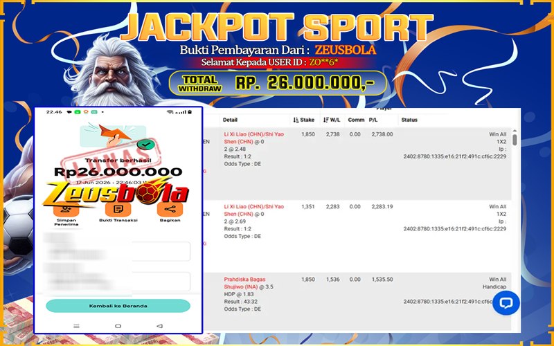 Bukti Kemenangan Member Setia Kami ZO**6* Sebesar Rp 26.000.000 di Permainan CMD Sports