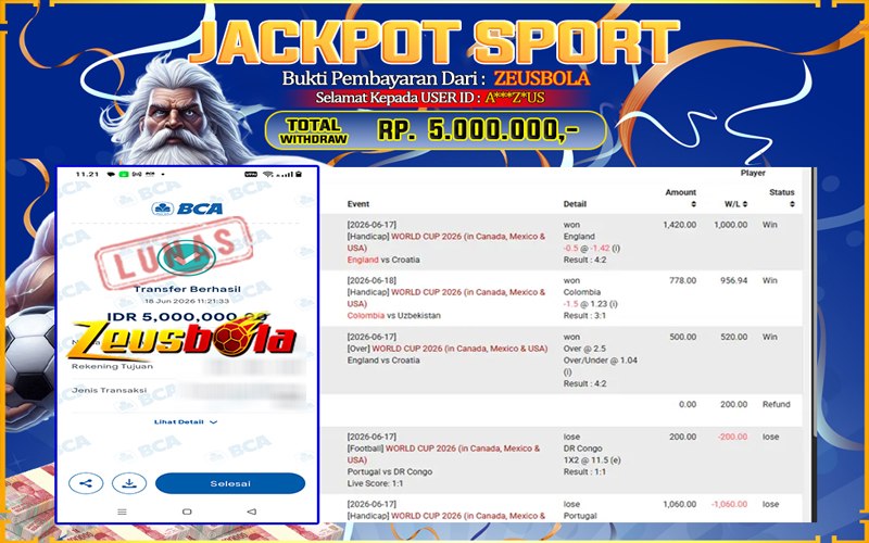 Bukti Kemenangan Member Setia Kami A***Z*US Sebesar Rp 5.000.000 di Permainan SBO Sport