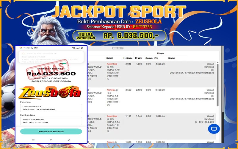 Bukti Kemenangan Member Setia Kami B**T*T*33 Sebesar Rp 6.033.500 di Permainan CMD Sports