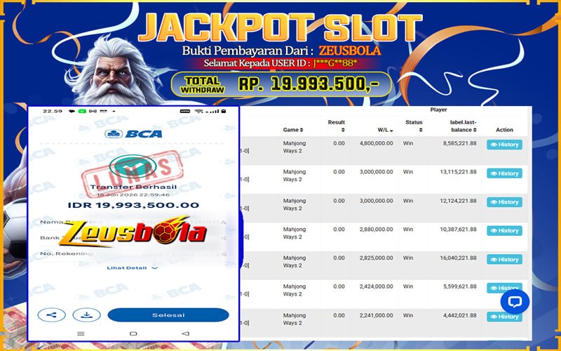 Bukti Kemenangan Member Setia Kami J***G**88* Sebesar Rp 19.993.500 di Permainan PG