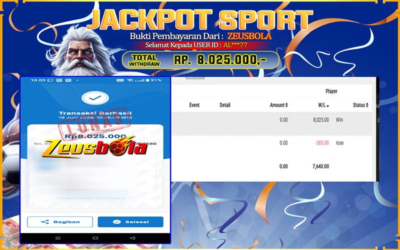 Bukti Kemenangan Member Setia Kami AL***77 Sebesar Rp 8.025.000 di Permainan SBO Sport