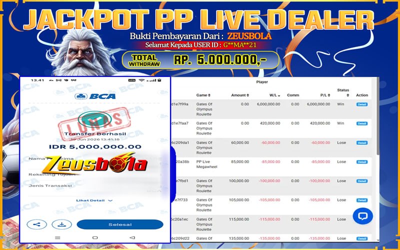 Bukti Kemenangan Member Setia Kami G**MA**21 Sebesar Rp 5.000.000 di Permainan PP Live Dealer