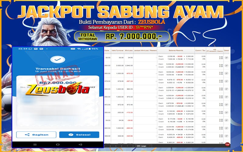 Bukti Kemenangan Member Setia Kami SV**R*N* Sebesar Rp 7.000.000 di Permainan CockFight