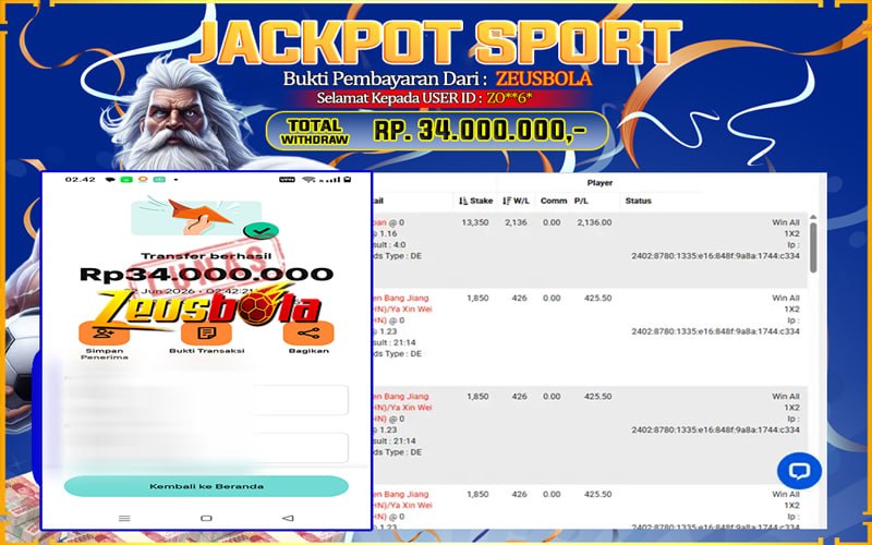 Bukti Kemenangan Member Setia Kami ZO**6* Sebesar Rp 34.000.000 di Permainan CMD Sports