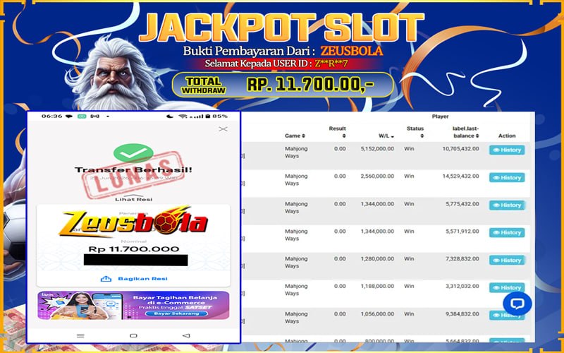 Bukti Kemenangan Member Setia Kami Z**R**7 Sebesar Rp 11.700.000 di Permainan PG
