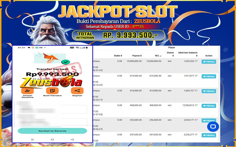 Bukti Kemenangan Member Setia Kami A***35 Sebesar Rp 9.993.500 di Permainan Pragmatic Direct 6