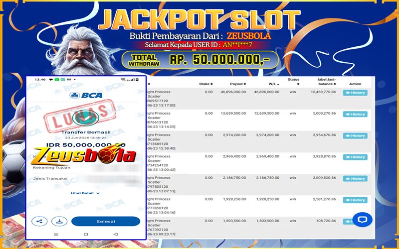 Bukti Kemenangan Member Setia Kami ANI*7 Sebesar Rp 50.000.000 di Permainan Starlight Princess