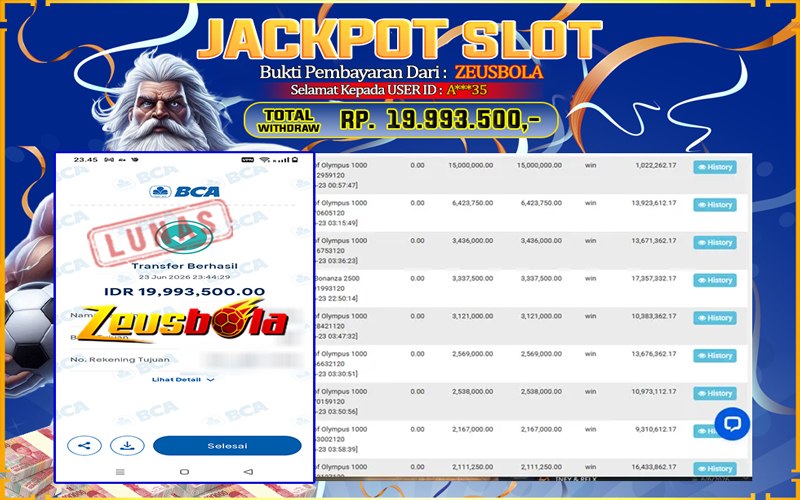 Bukti Kemenangan Member Setia Kami A***35 Sebesar Rp 19.993.500 di Permainan Gates of Olympus 1000