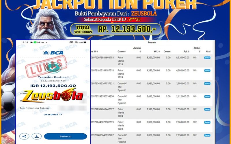 Bukti Kemenangan Member Setia Kami A***35 Sebesar Rp 12.193.500 di Permainan POKER MANIA