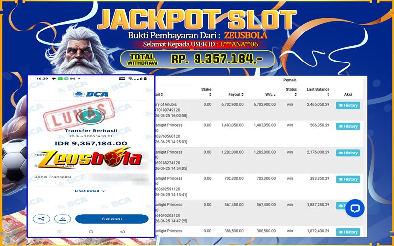 Bukti Kemenangan Member Setia Kami L*ANA06 Sebesar Rp 9.357.184 di Permainan Pragmatic Direct 6