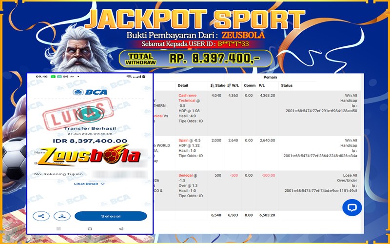 Bukti Kemenangan Member Setia Kami B**T*T*33 Sebesar Rp 8.387.400 di Permainan CMD Sports