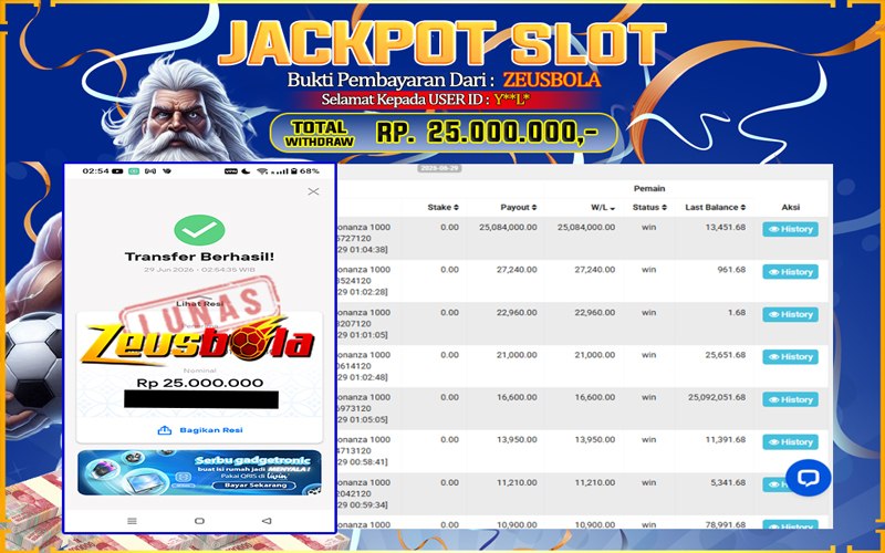 Bukti Kemenangan Member Setia Kami Y**L* Sebesar Rp 25.000.000 di Permainan Sweet Bonanza 1000