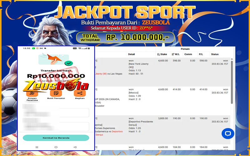 Bukti Kemenangan Member Setia Kami ZO**6* Sebesar Rp 10.000.000 di Permainan Saba Sports