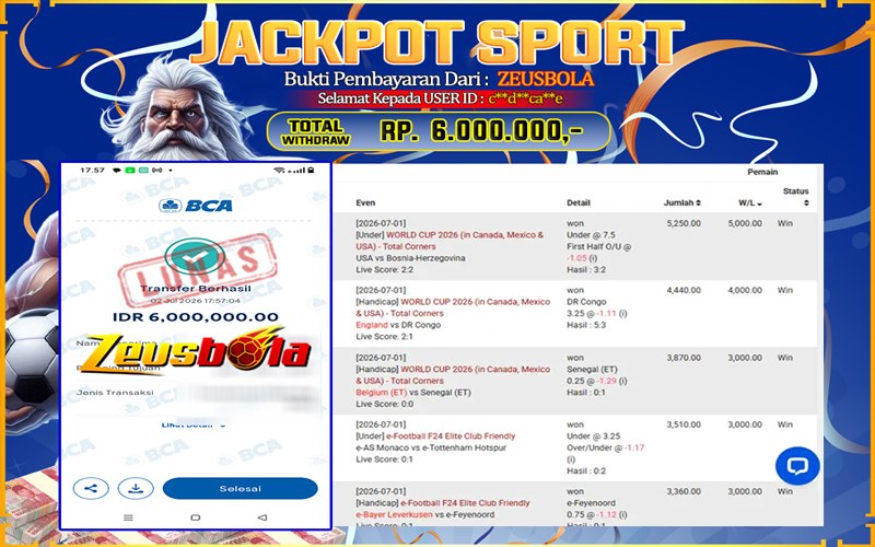Bukti Kemenangan Member Setia Kami cdca**e Sebesar Rp 6.000.000 di Permainan SBO Sport