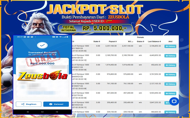 Bukti Kemenangan Member Setia Kami Z*** Sebesar Rp 5.000.000 di Permainan Pragmatic Direct 6