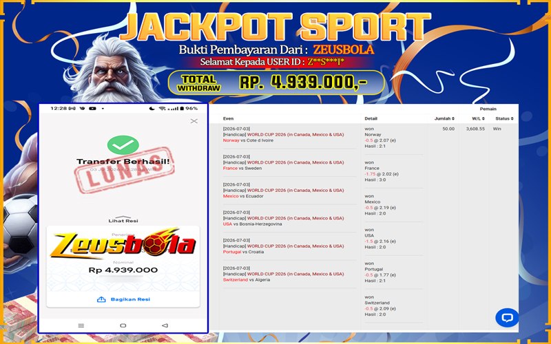 Bukti Kemenangan Member Setia Kami ZS*I* Sebesar Rp 4.939.000 di Permainan SPORT