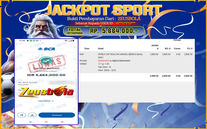 Bukti Kemenangan Member Setia Kami W**U*I*D*** Sebesar Rp 5.664.000 di Permainan UBO Sports