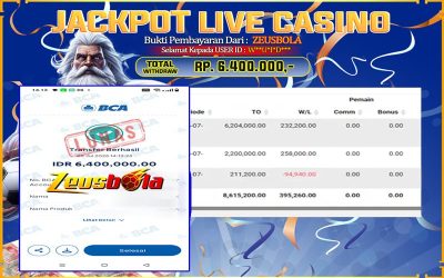Bukti Kemenangan Member Setia Kami W**U*I*D*** Sebesar Rp 6.400.000 di Permainan Live Casino & Slots